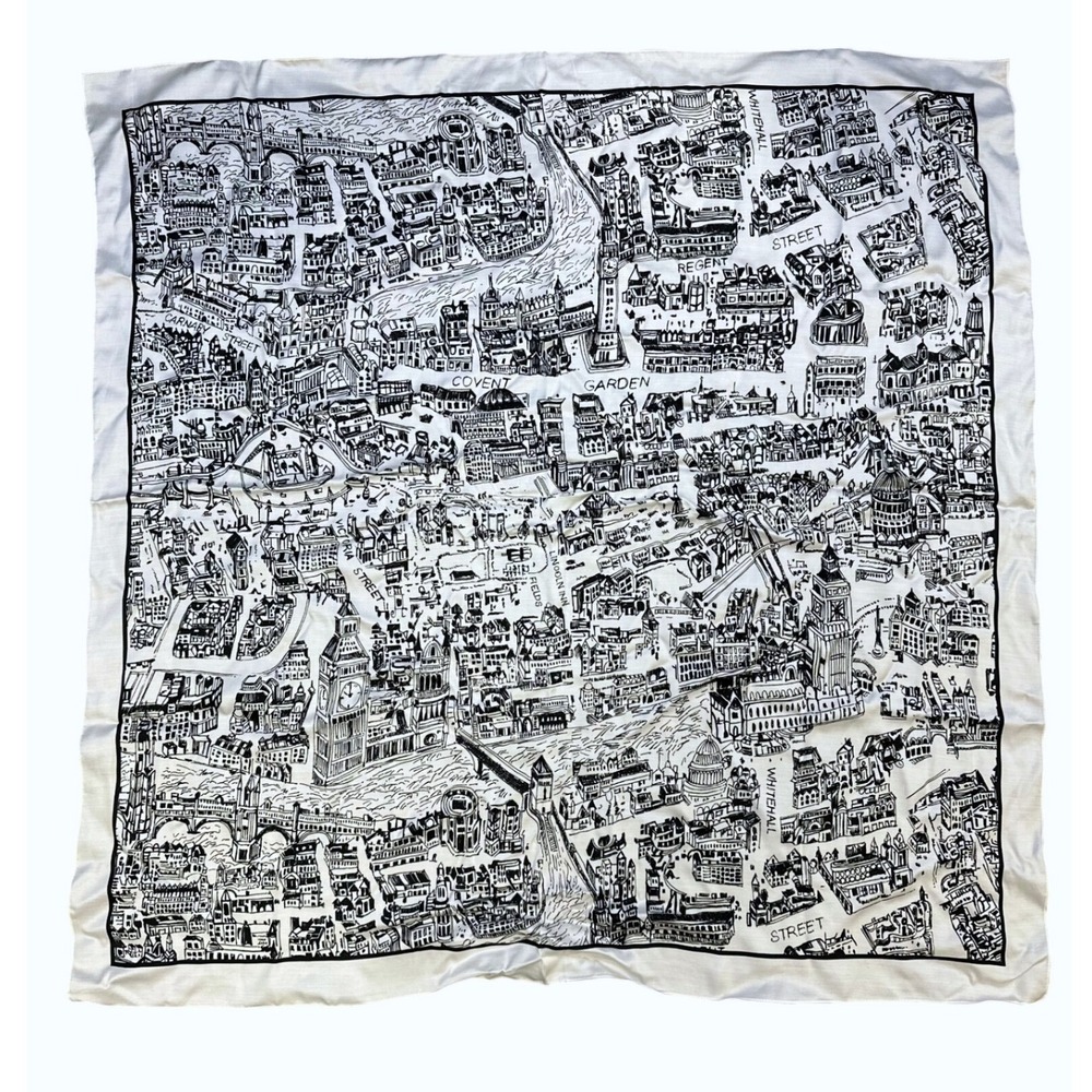 London Landmarks Street Novelty Sketch Print White Silk Twill Scarf 34x34
